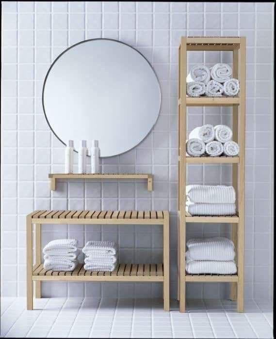 Ikea Molger Muskan set houten badkamerrek en bankje, Ophalen, Gebruikt