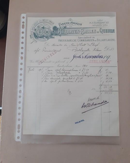 Elsenburg Amsterdam  biljarten ballen queuen factuur 1910, Ophalen, Zo goed als nieuw, Overige typen