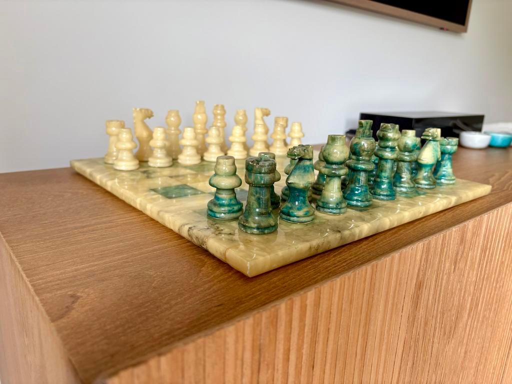 Vintage schaakspel van onyx marmer, Een of twee spelers, Ophalen of Verzenden, Zo goed als nieuw