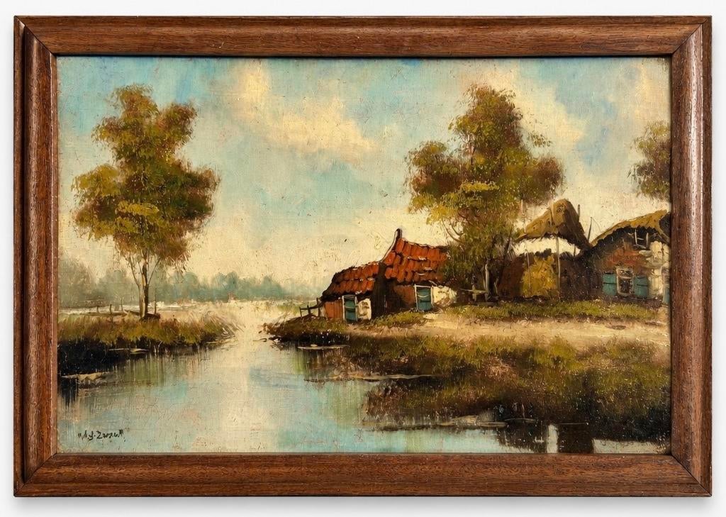 Schilderij A.J. Zwart - Landschap met boerderij aan water, Antiek en Kunst, Kunst | Schilderijen | Klassiek, Ophalen of Verzenden