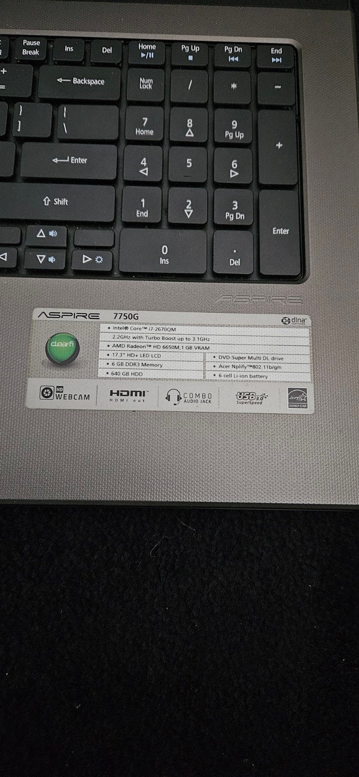 Acer Aspire 7750G - i7, 6GB RAM, geen harde schijf, Ophalen, 2 tot 3 Ghz, Qwerty, Intel Core i7-2670QM