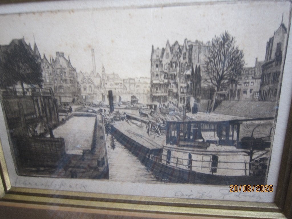 RONALD LARIJ, (P.Scheen) Zeer Byz. ets Delfshaven .RottDam, Antiek en Kunst, Ophalen, Stadsgezicht, Ets, 1900 - 1949