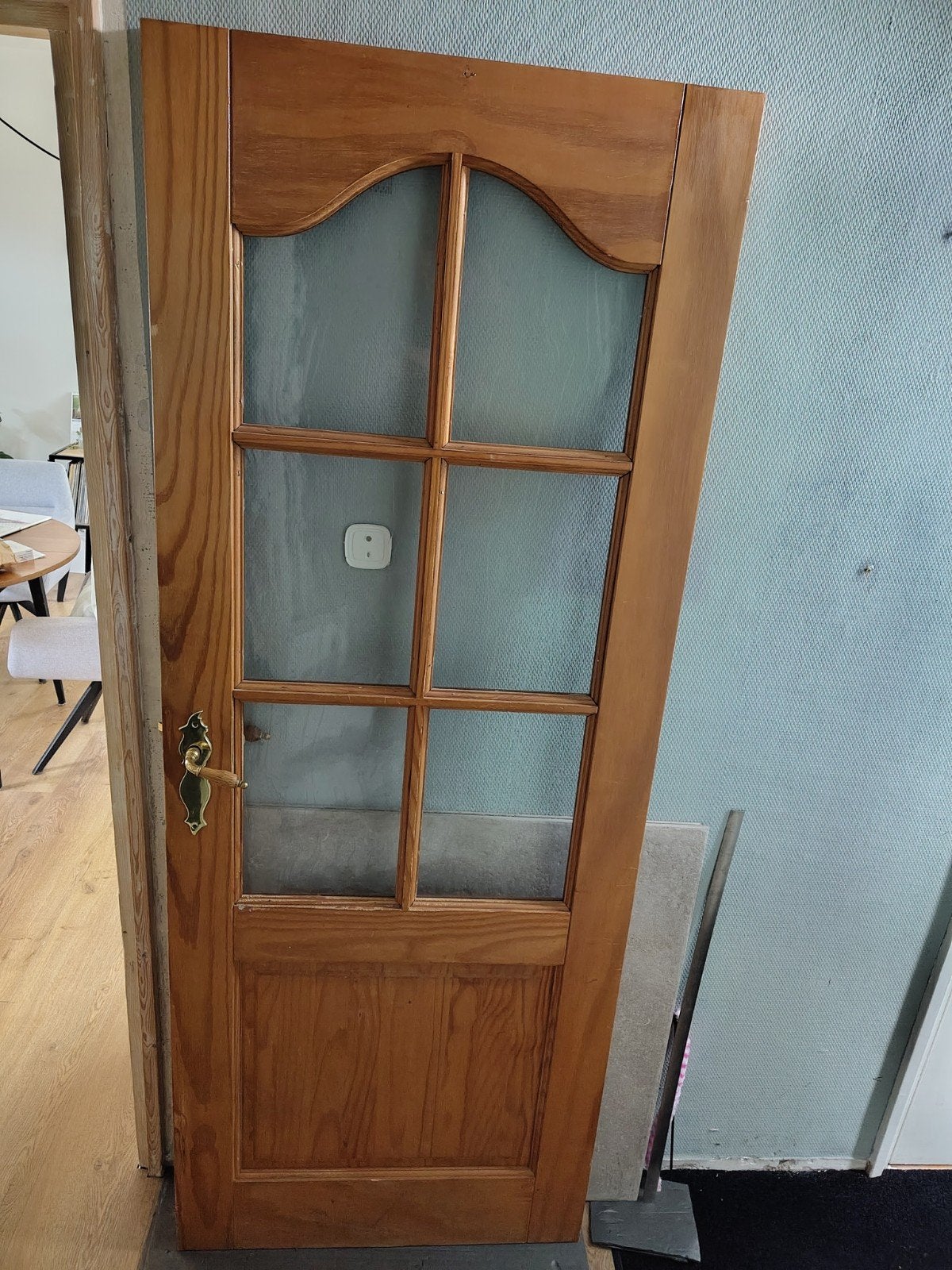 Houten binnendeur met glas en messing greep (201,5x78cm), Doe-het-zelf en Verbouw, Deuren en Horren, Ophalen, Gebruikt, Minder dan 80 cm