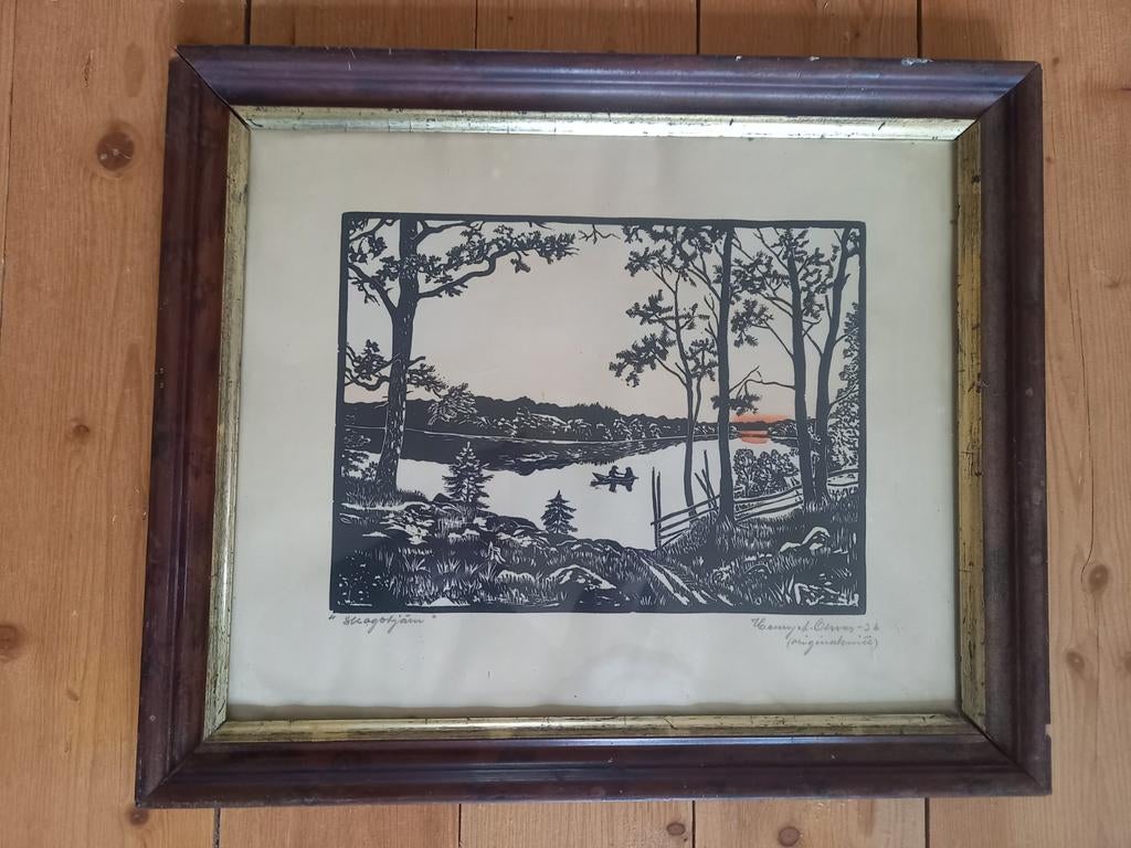 Houtsnede Skogstjärn Henry A. Olsson 1936 - Ingelijst, Ingelijst, Ophalen of Verzenden, Houtsnede, 41 cm
