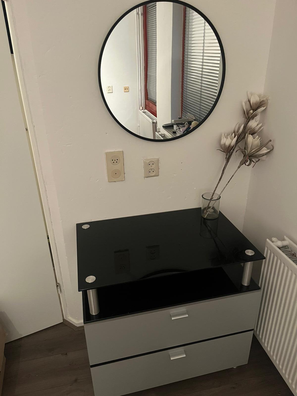 TV/audiomeubel, h 73cm, b 80cm, d 52cm, glasplaten zwart,, Huis en Inrichting, Ophalen, Glas, 50 tot 100 cm, Zo goed als nieuw