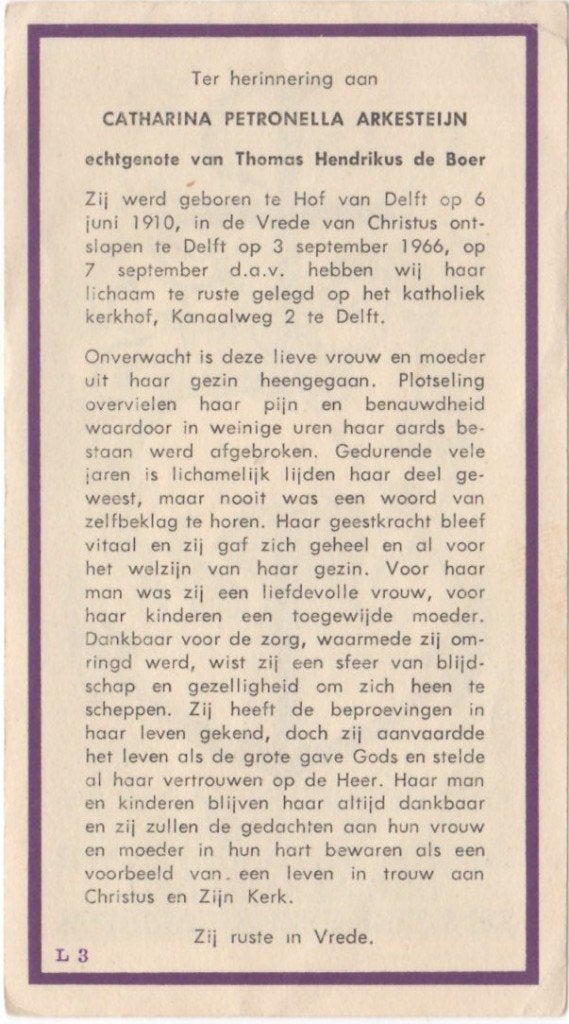 Catharina P. Arkesteijn 1910 Hof van Delft + 1966 Delft, 56, Ophalen of Verzenden
