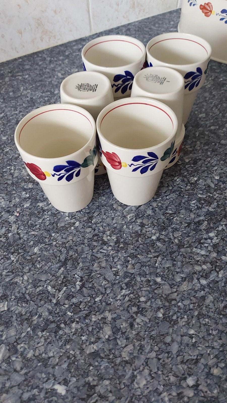 Set van 6 Boerenbont bekers - 7 cm breed, 10 cm hoog, Ophalen of Verzenden