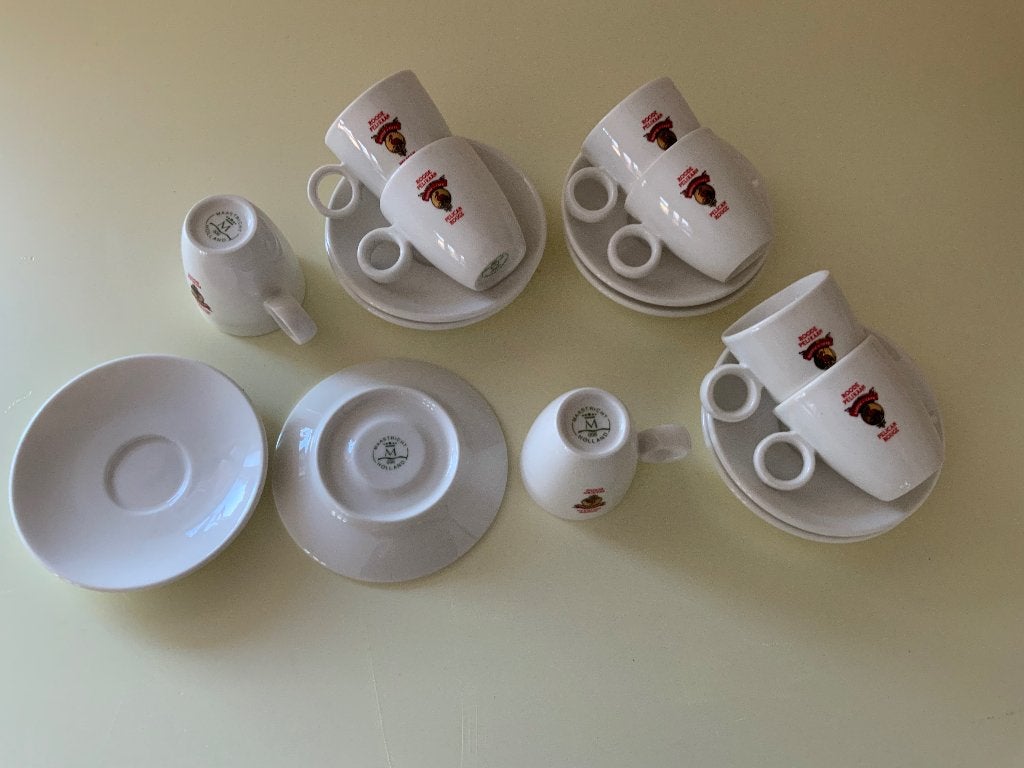 De Roode Pelikaan Espresso Koffiekop en Schotel 8X, Huis en Inrichting, Gebruikt, Ophalen of Verzenden, Overige stijlen, Kop(pen) en/of Schotel(s)