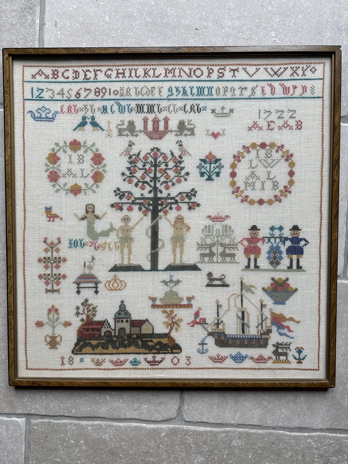 Antiek borduurwerk in lijst - Sampler 1903, 50 – 75, Gebruikt, Overige typen, Ophalen of Verzenden