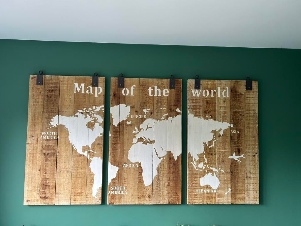 Drieluik Map of the World (in zeer goede staat), Huis en Inrichting, Ophalen, 70 cm, 120 cm, Hout