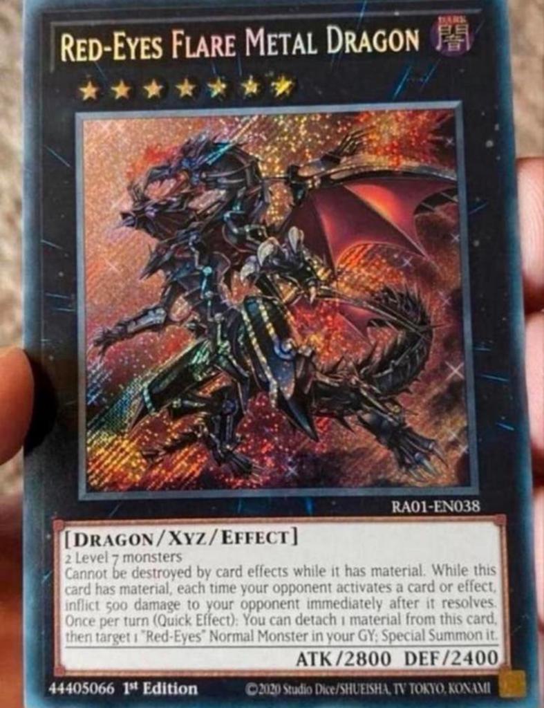 Yu-Gi-Oh! Red Eyes Flare Metal Dragon RA01 1st Edition !, Ophalen of Verzenden, Zo goed als nieuw, Losse kaart, Foil