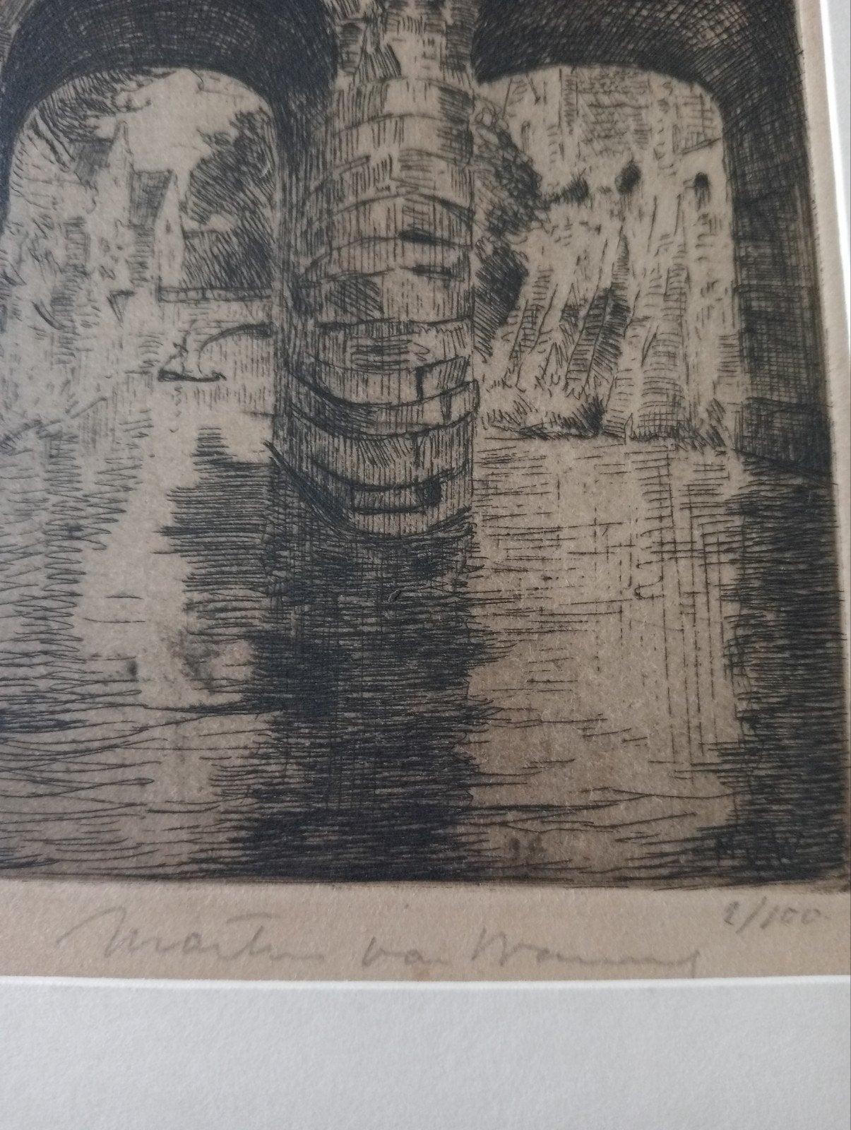 Martin van Waning Ets Brug in Delft., Ophalen of Verzenden