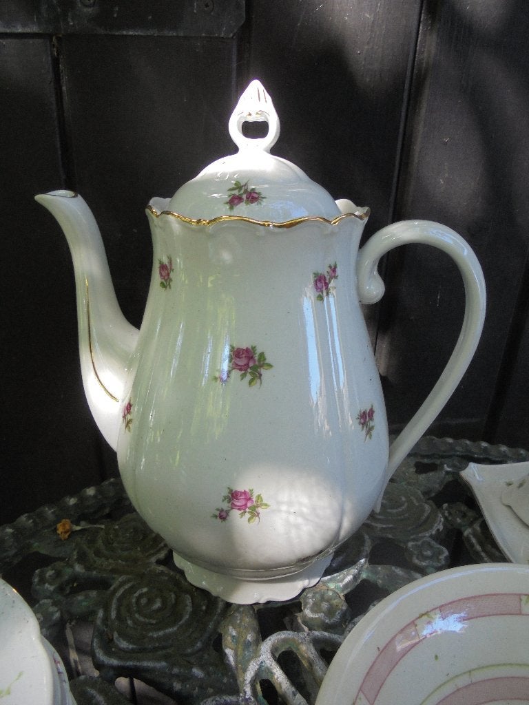 Koffiepot + 6 kop en schotels H & C met roze roosjes, Ophalen of Verzenden
