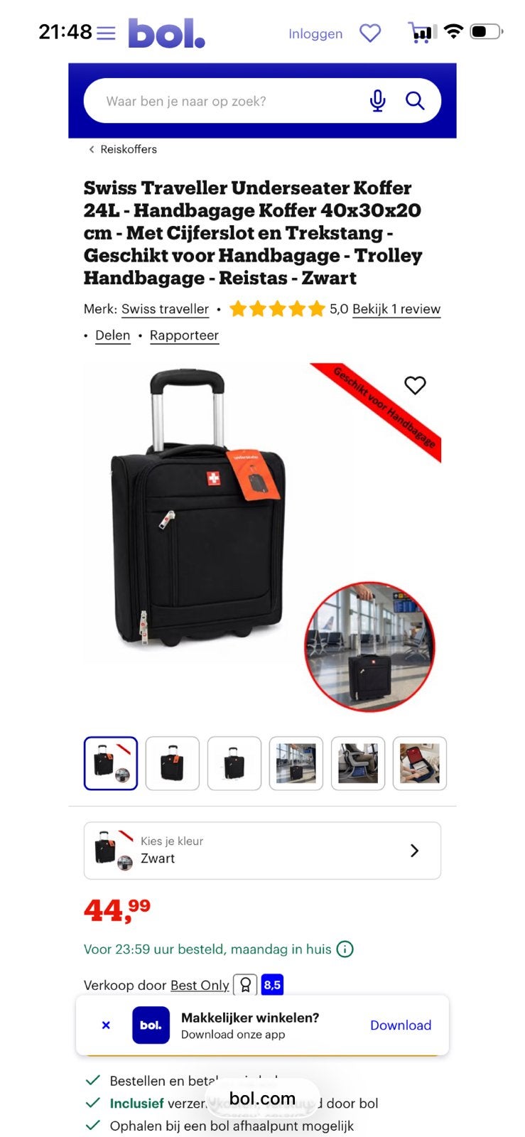 Swiss Traveller Underseater handbagage trolley zwart, Ophalen, Nieuw, Uitschuifbare handgreep