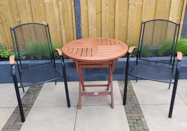 🌿Teakhouten Klaptafel + 2 Tuinstoelen | Compacte Tuinset🌿, Ophalen, Teakhout