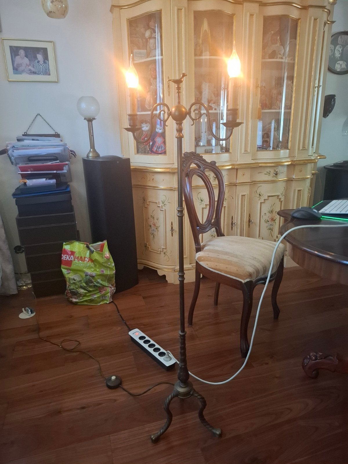 Antieke bronzen staande lamp met 2 kaarslampen, Ophalen of Verzenden