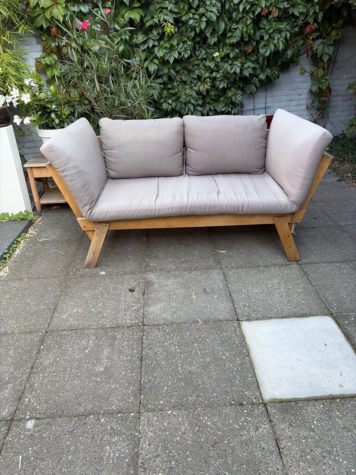 Houten tuinbank/ligbed met kussens, Ophalen, Gebruikt, Hout