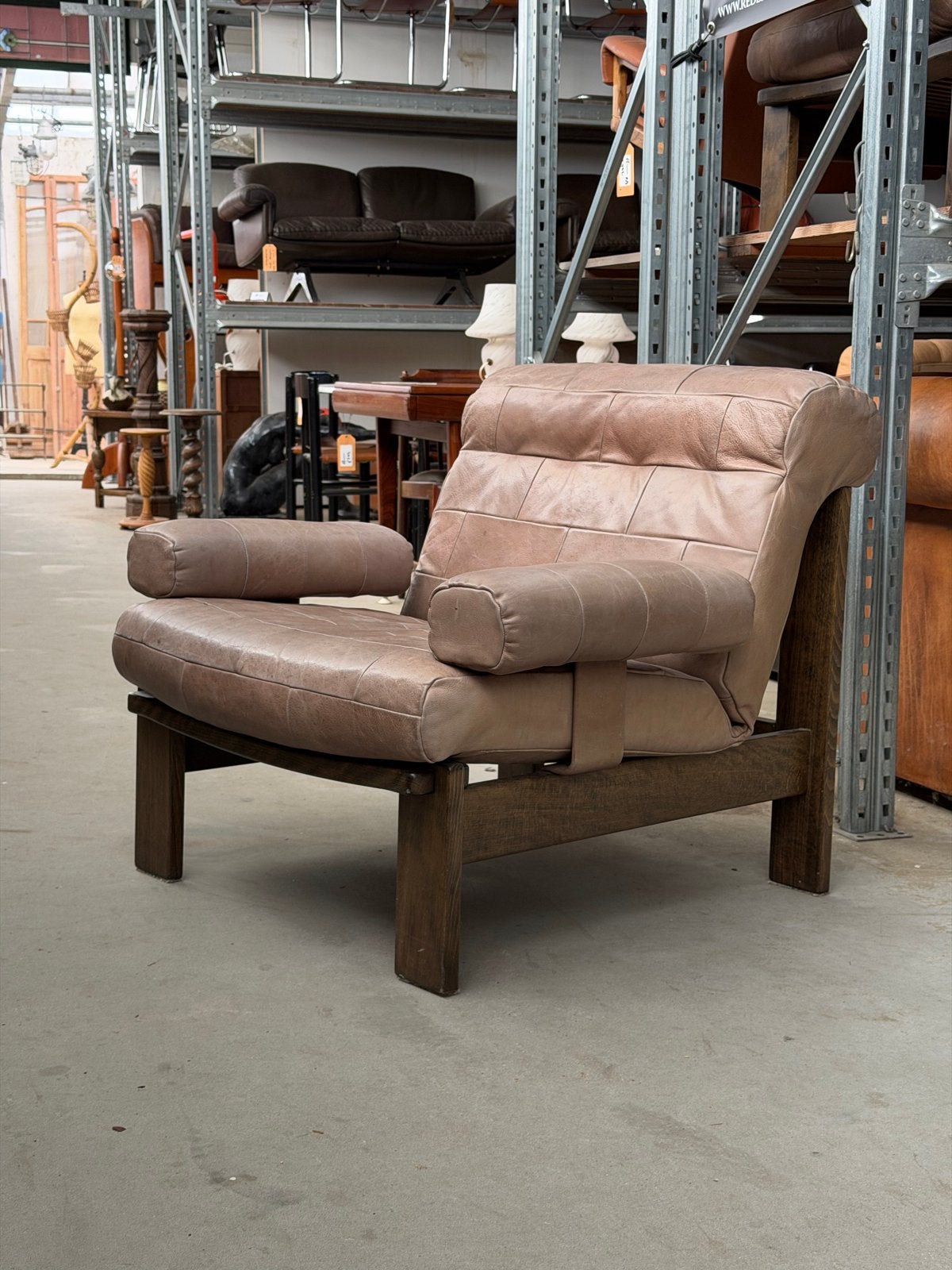 Vintage Patchwork Bruin Lederen Fauteuil met Eiken Onderstel, Huis en Inrichting, Ophalen, Gebruikt, R., A.