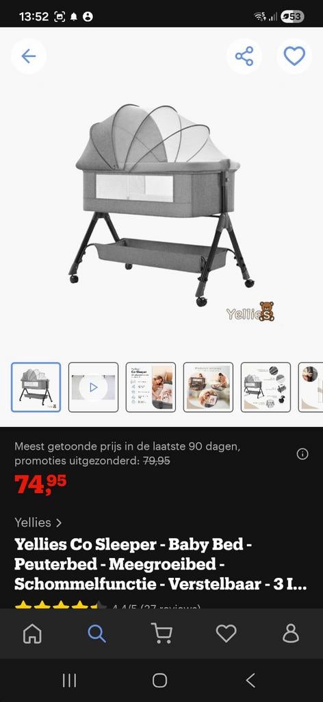 Yellies Co Sleeper - Baby Bed - 3 in 1, Kinderen en Baby's, Babywiegjes en Ledikanten, Ophalen of Verzenden, Zo goed als nieuw