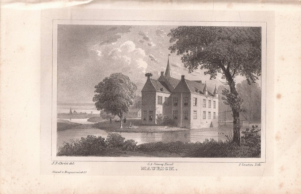 Kasteel Maurick in Noord-Brabant Vught 1846 Litho, 1800 - 1899, Architectuur, Blanco verso, 13 cm