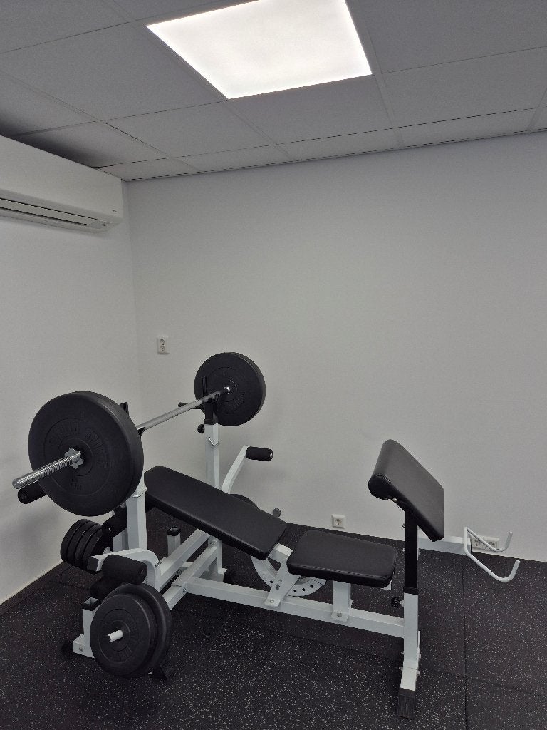 Gorilla Halterbank met stangen, schijven en accessoires, Sport en Fitness, Ophalen, Zo goed als nieuw, Fitnessbank