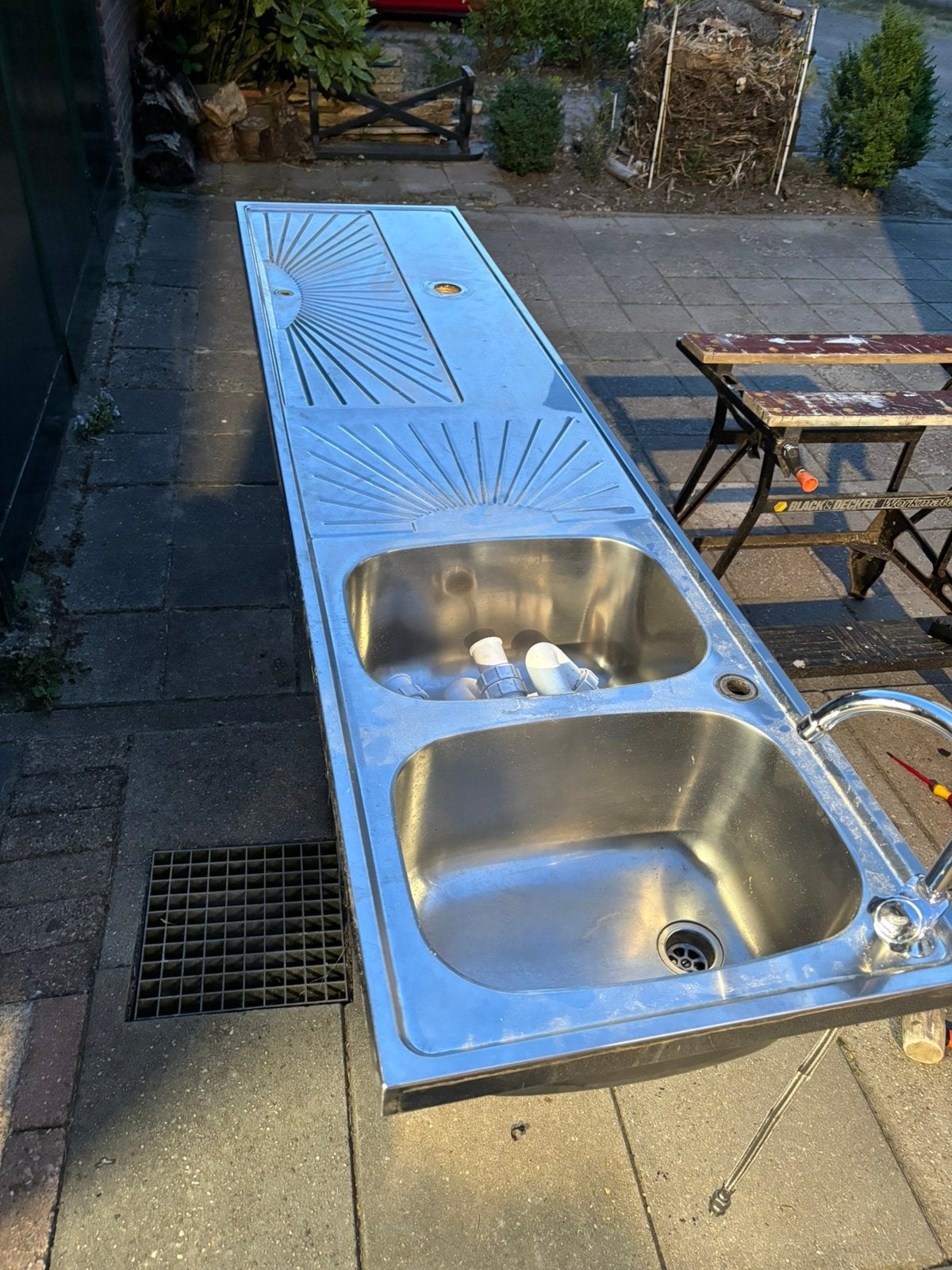 Tapblad rvs met 2 spoelbakken, Huis en Inrichting, Keuken | Keukenelementen, Ophalen, 50 tot 100 cm, Zo goed als nieuw, 150 tot 200 cm