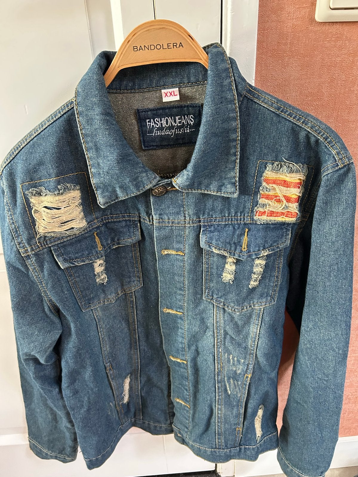 Stoere spijkerjas met distressed details - Maat XXL, Ophalen of Verzenden, Zo goed als nieuw, Blauw, Overige jeansmaten