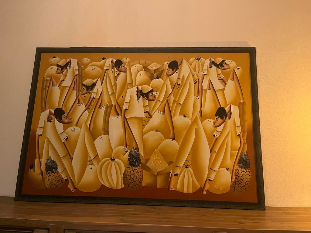 Groot olieverfschilderij B. Casimir - Tropisch tafereel, Antiek en Kunst, Ophalen of Verzenden