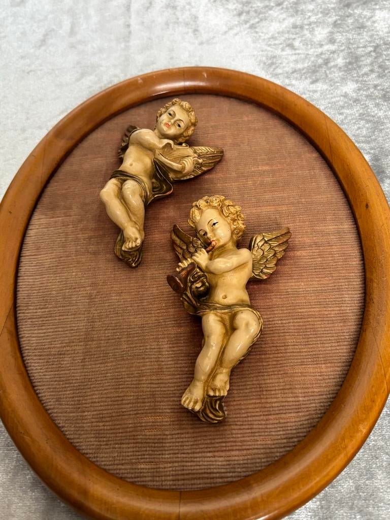 Vintage Engelen Wanddecoratie - Cherubijnen op Houten Ovaal, Ophalen of Verzenden