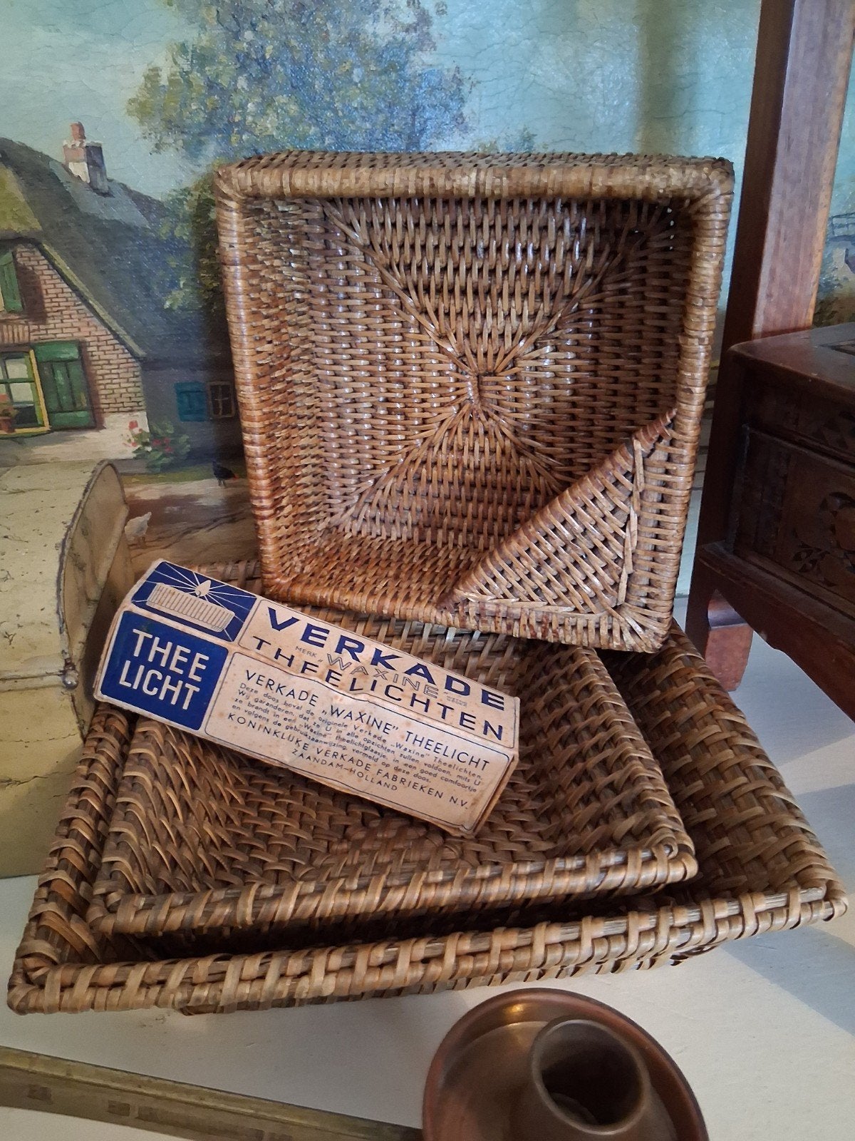 Verkade kaarsen. kandelaar Birma riet manden. Antiek blik., Antiek en Kunst, Ophalen of Verzenden
