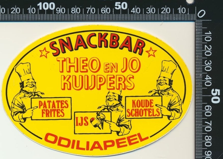 Sticker: Snackbar Theo en Jo Kuijpers - Odiliapeel, Ophalen of Verzenden, Zo goed als nieuw, Bedrijf of Vereniging