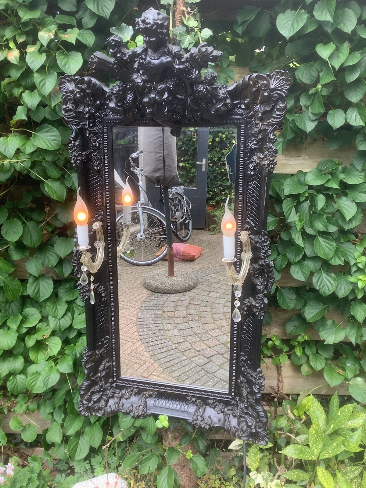 Spiegel barok verlichting 60x100 cm zwart engel kuif, Gebruikt, 100 tot 150 cm, Ophalen of Verzenden, Rechthoekig