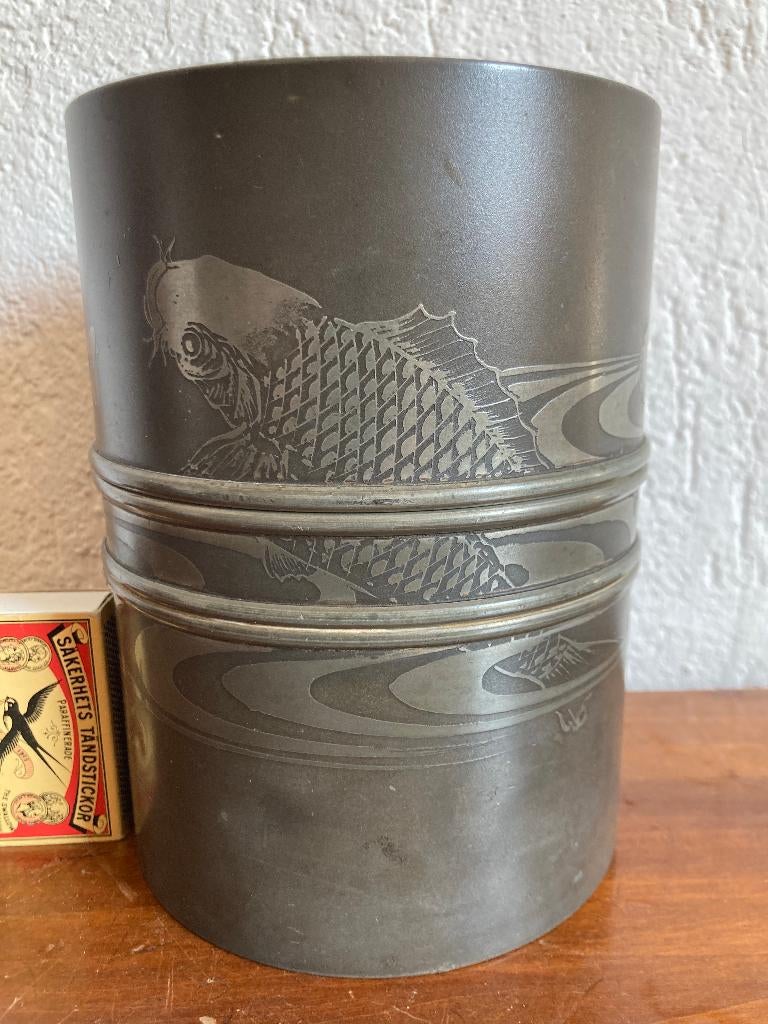 Antieke Japanse tinnen tin tabakspot met koi karper motief, Antiek en Kunst, Ophalen of Verzenden