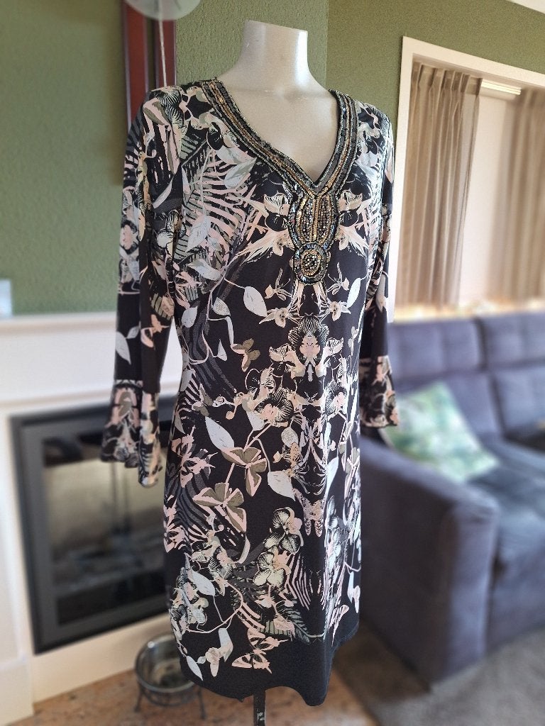 K-Design prachtige V hals jurk mt XL zwart roze grijs, K-design, Verzenden, Zwart, Maat 46/48 (XL) of groter