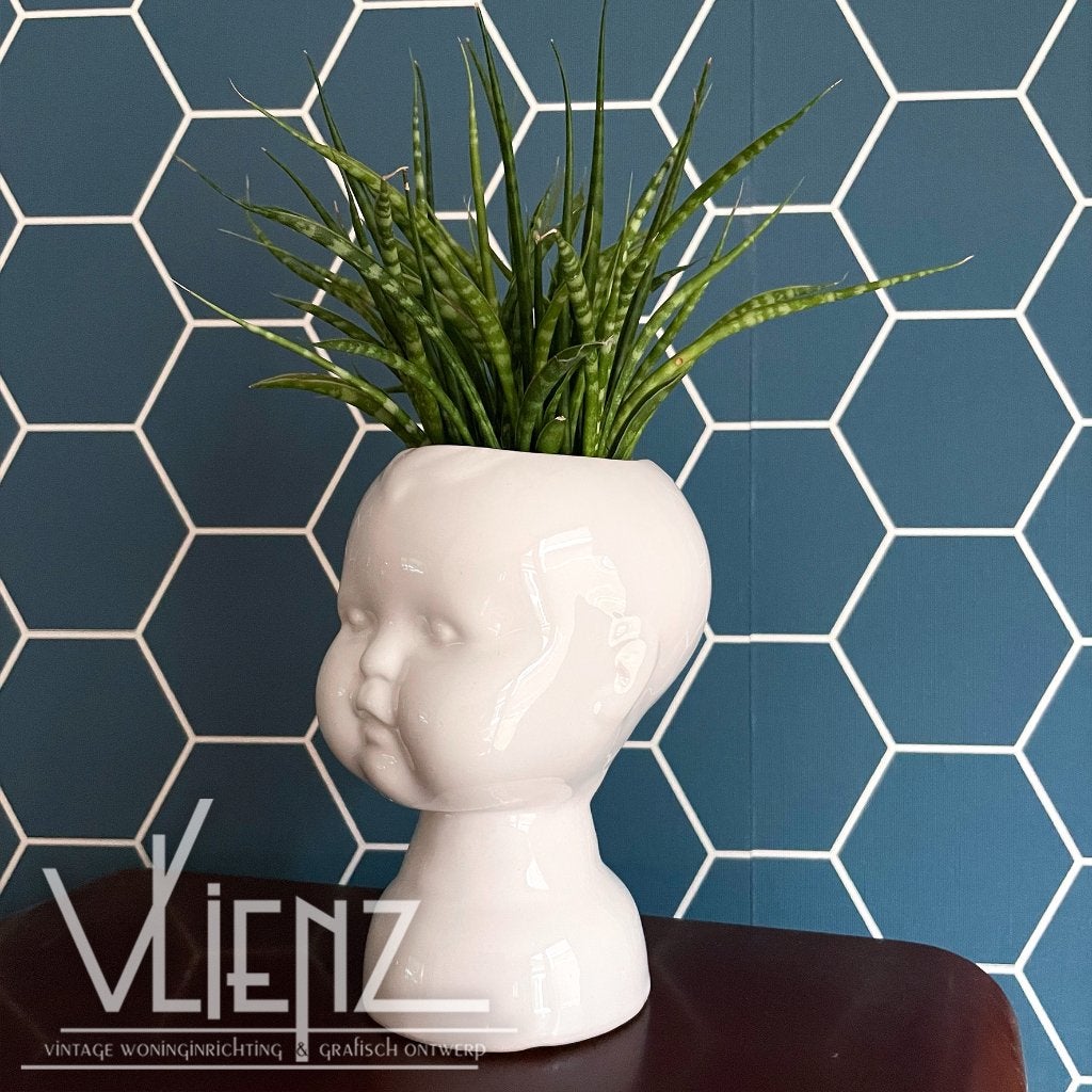 Vintage, retro bloempot hoofd, kinderhoofd wit, midcentury, Verzamelen, Ophalen of Verzenden, Huis en Inrichting