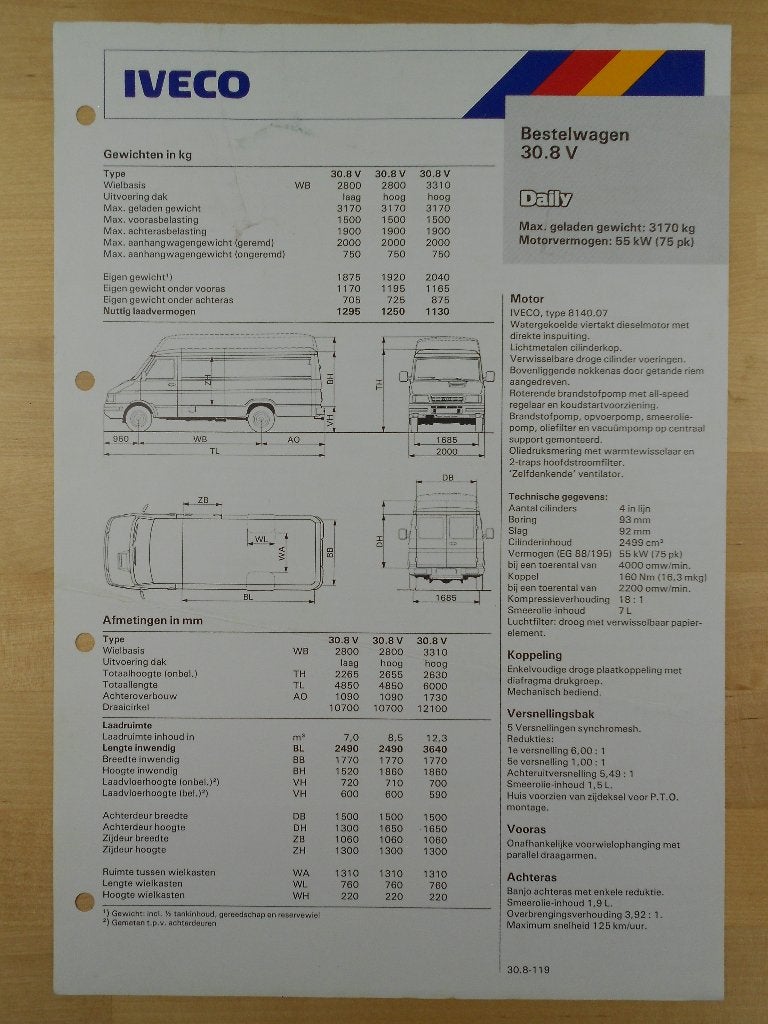 Iveco Daily 30.8 V Technische Specificatie Brochure 1989, Iveco, Ophalen of Verzenden, Zo goed als nieuw, Overige merken
