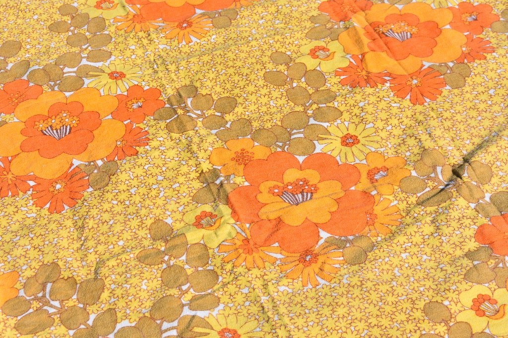 Lakens retro vintage oranje gele bloemen laken 2x, Gebruikt, Eenpersoons, Overige typen, Katoen