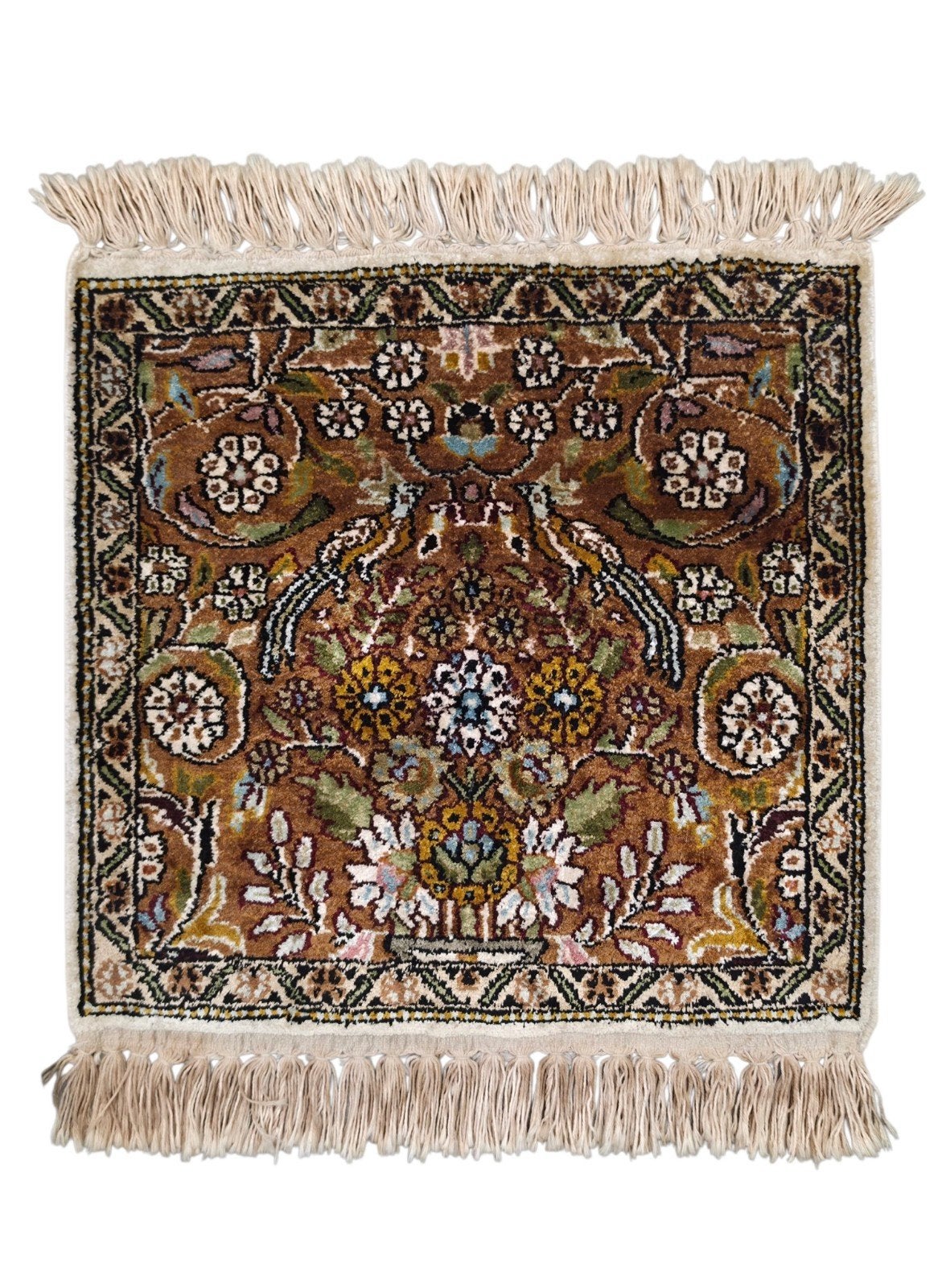 Handgeknoopt oriental zijde Kashmir tapijt mini 39x39cm, Oosters, Vintage, Handgeknoopt, Minder dan 50 cm, Minder dan 50 cm, Ophalen of Verzenden