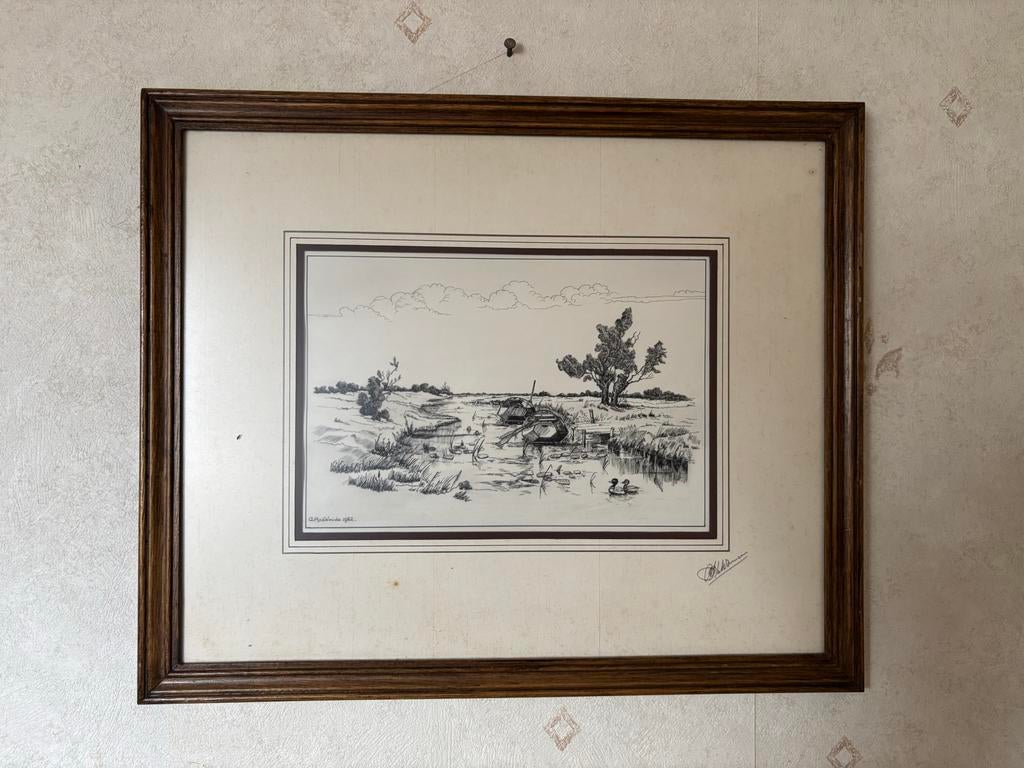 Ingelijste tekening A. van der Woude 1982, Ophalen of Verzenden