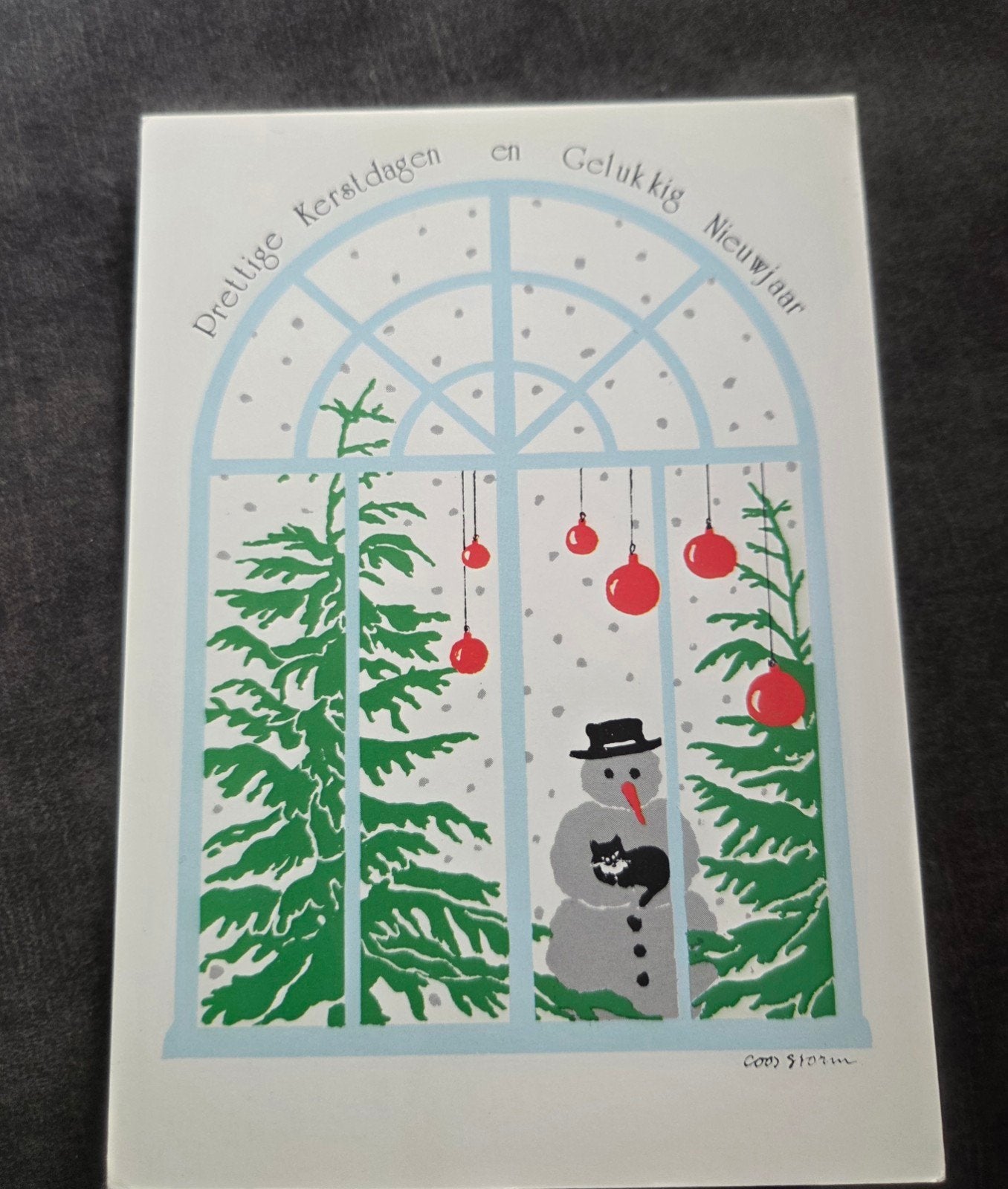 Kerstkaart met sneeuwpop en kat, Verzenden, 1980 tot heden, Gelopen, Feest(dag)