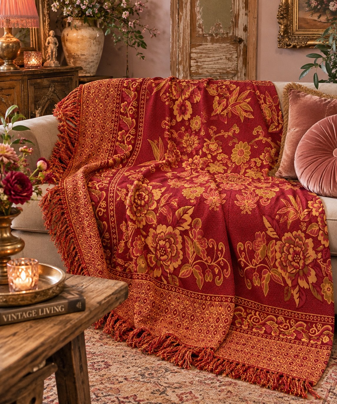 Prachtig Woonplaid met Bloemmotief - Rood/Goud, Woondeken, Met franjes/kwastjes, Ophalen of Verzenden, Zo goed als nieuw