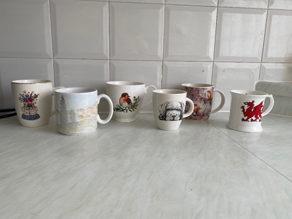 Mokken met vogels, konijn, hond, draak en natuur., Zo goed als nieuw, Overige stijlen, Porselein, Mok