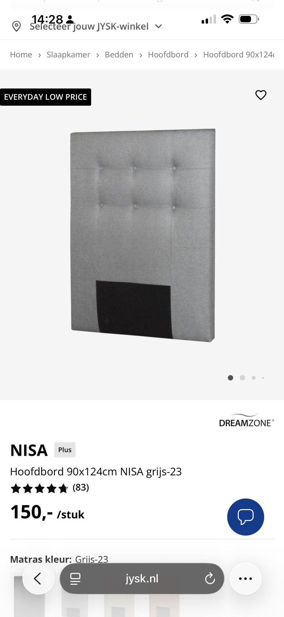JYSK NISA Hoofdbord 90x124cm grijs, Ophalen, 90 cm, Eenpersoons, Zo goed als nieuw