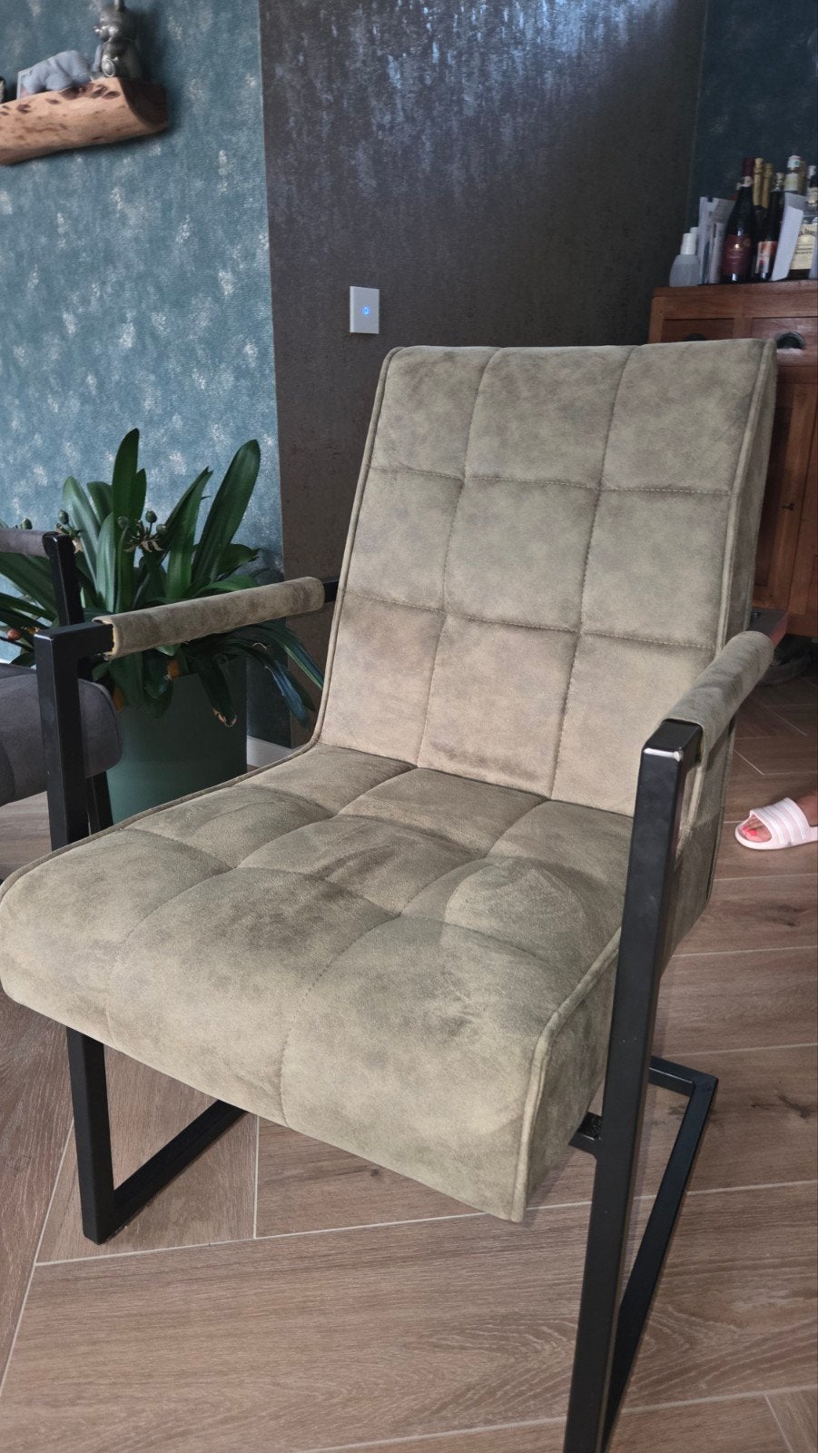 4 Moderne grijze en groene eetkamerstoelen (4st.), Ophalen, Gebruikt, Overige kleuren, Metaal