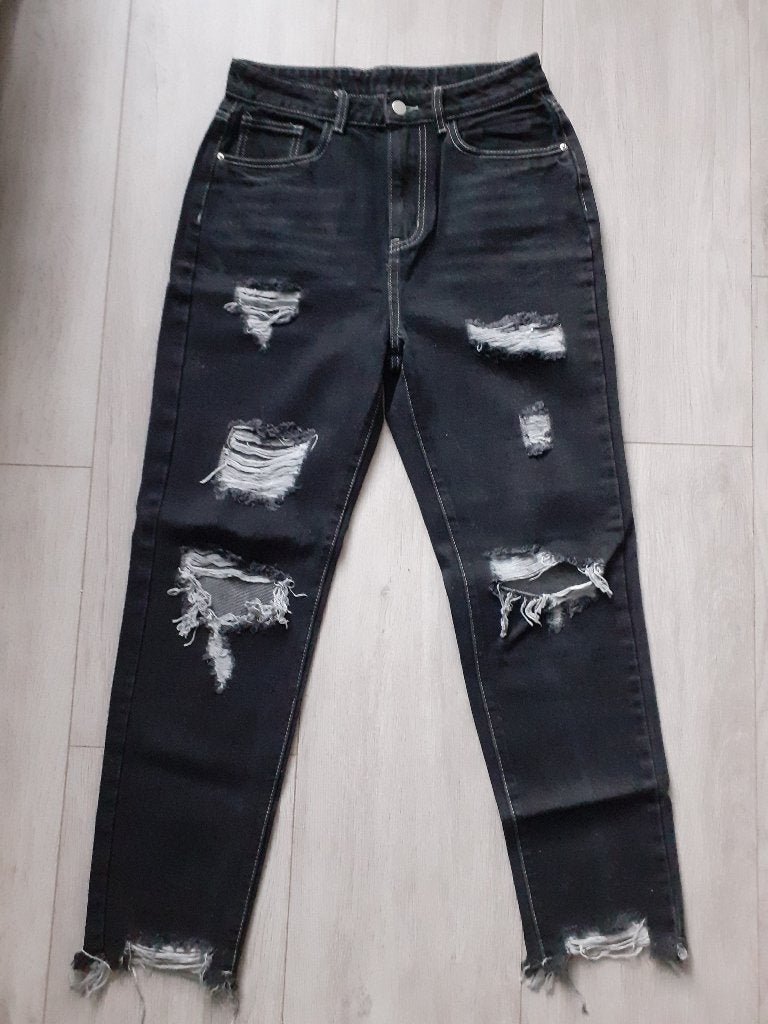 NIEUW! Shein; Ripped Raw Hem Mom Jeans; maat M, Kleding | Dames, Spijkerbroeken en Jeans, Zwart, Nieuw, Ophalen of Verzenden, W30 - W32 (confectie 38/40)