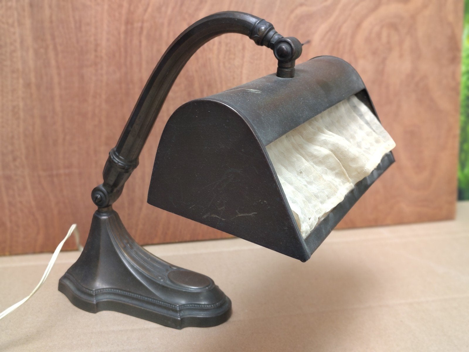 Antieke bronzen notarislamp / bureaulamp met gebogen arm, Ophalen of Verzenden