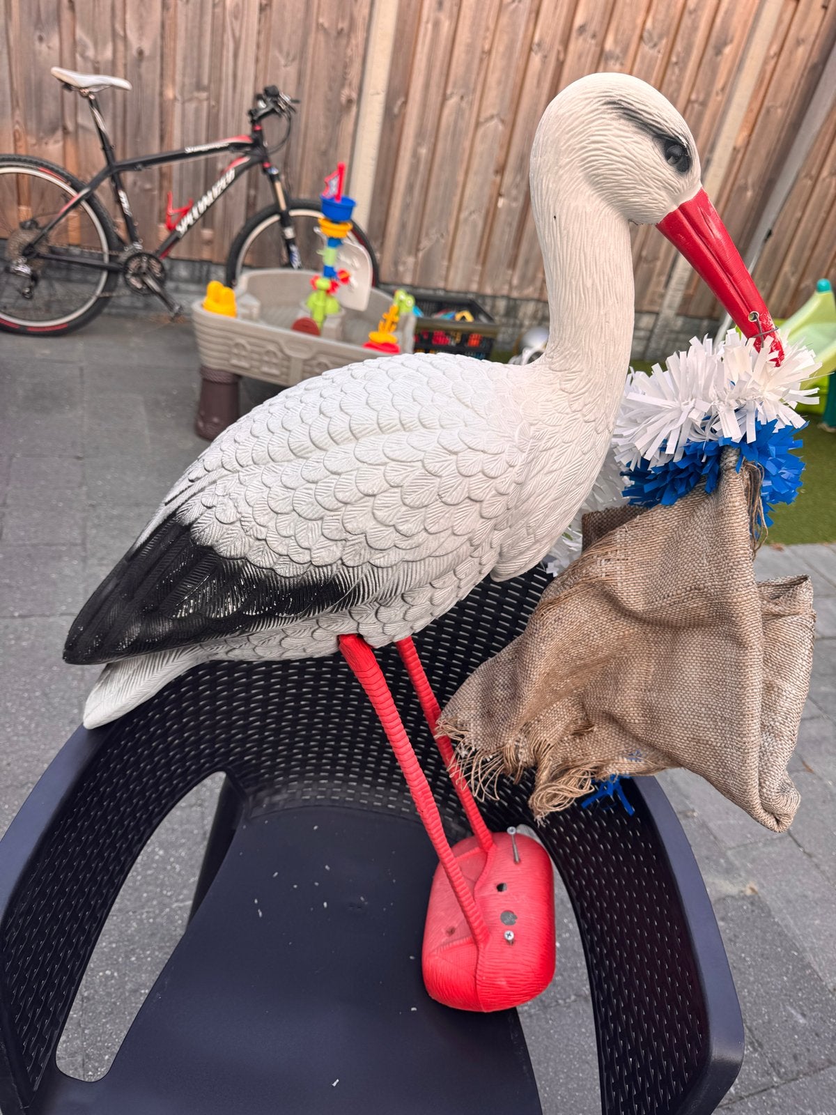 Geboorte ooievaar met vlaggetjes en zak, Ophalen, Gebruikt, Meerkleurig, Overige stijlen