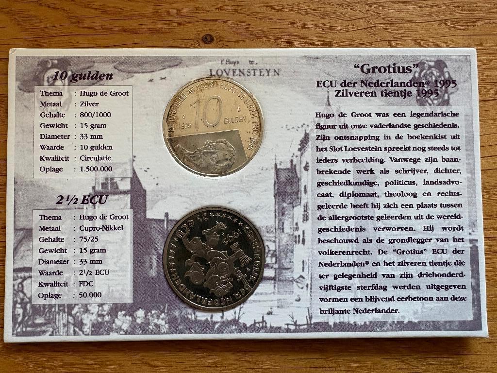 1995 10 gulden Hugo de Groot zilver uitgave van Sertons., Postzegels en Munten, Munten | Nederland, Setje, Koningin Beatrix, Zilver