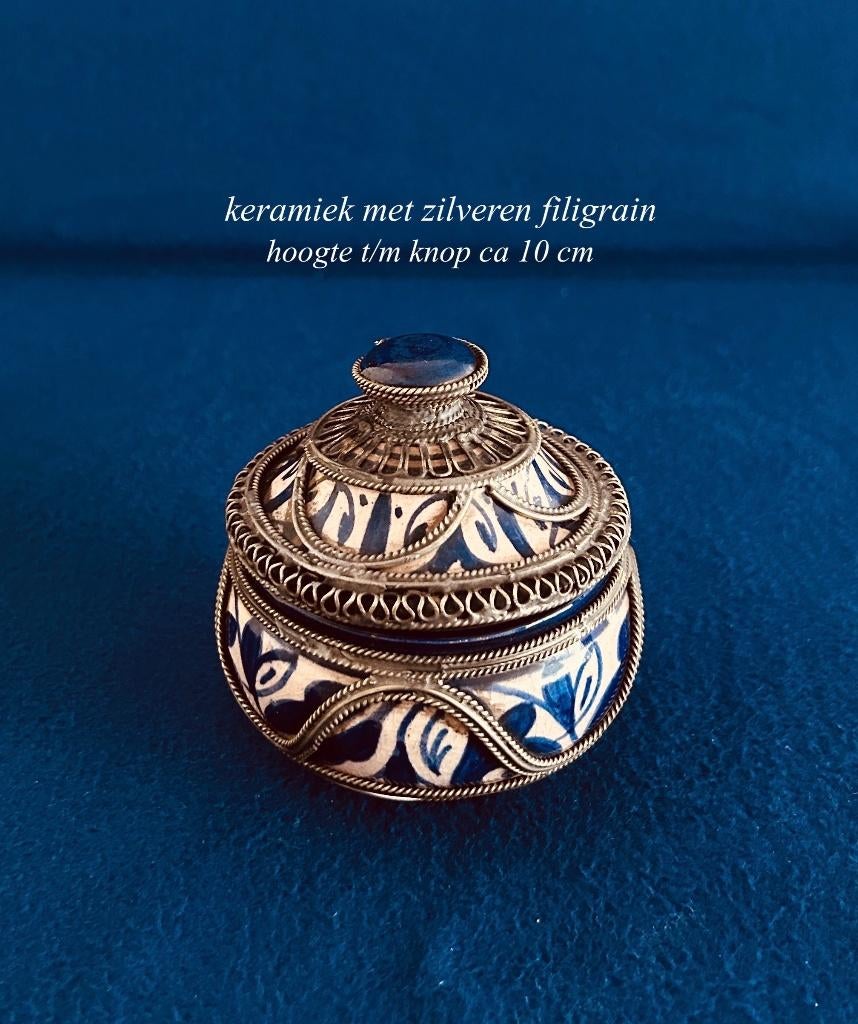 Teab Moors Potje FES Aardewerk Zilver Filigrain FEZ Marokko, Antiek en Kunst, Ophalen