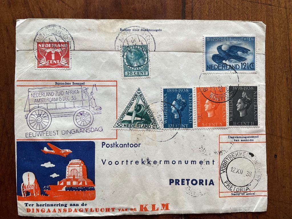 Poststuk Dingaansdag-vlucht KLM 1938, Postzegels en Munten, Brieven en Enveloppen | Buitenland, Ophalen of Verzenden, Envelop